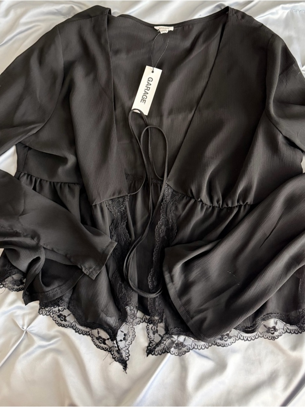 Garage Black Lace-Trim Tie-Front Blouse